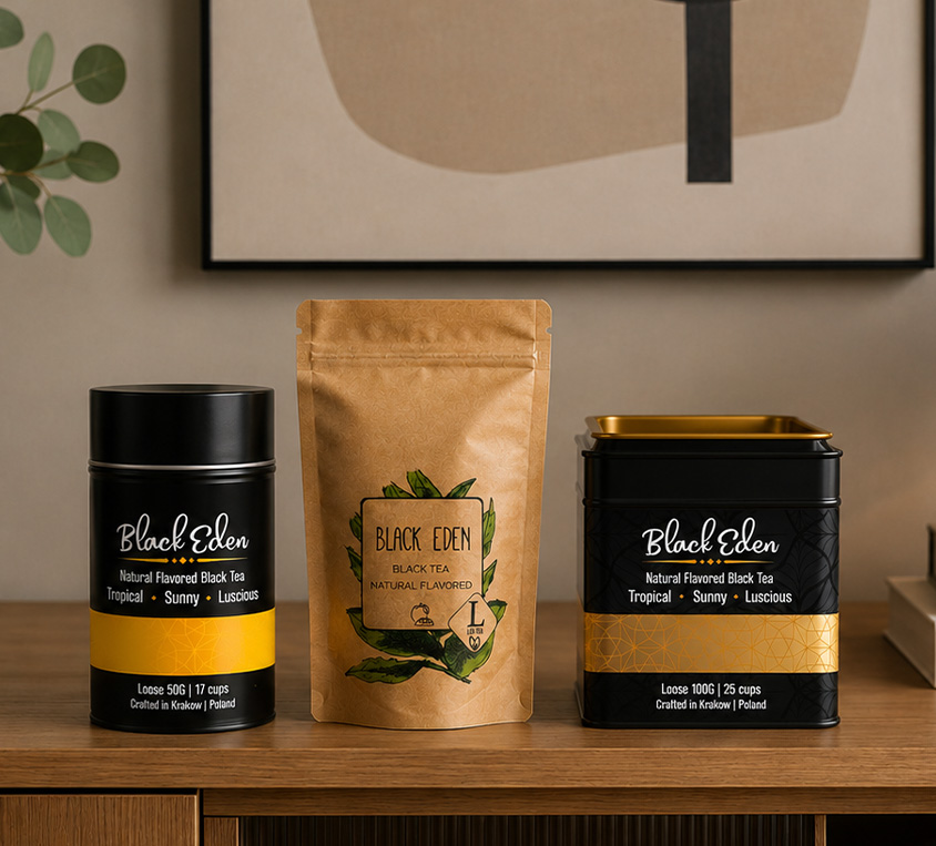 Black Eden Leo Tea – elegancka puszka, doypack i kubek prezentowy